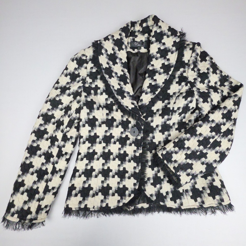 SJ Collection Houndstooth Blazer Jacket Women 12 Black White Fringed Wool Blend